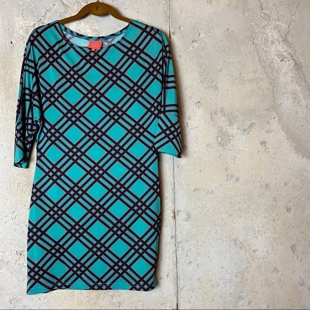 Tracy negoshian teal blue black plaid shirt dress